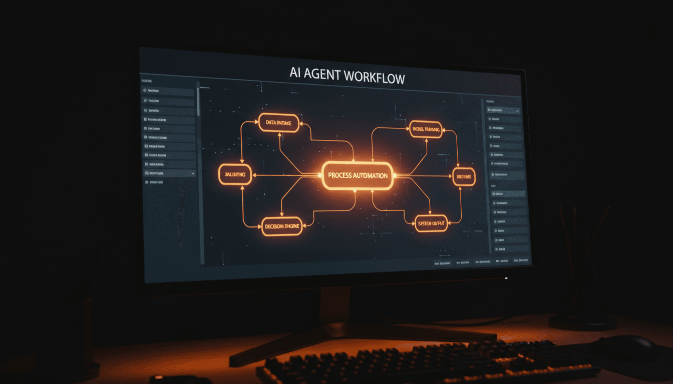 Close-up of AI agent workflow visualization on screen showing connected processes