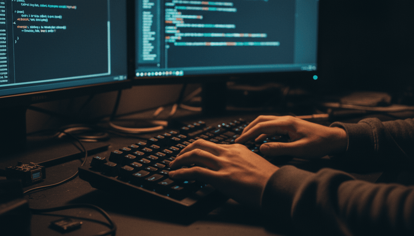 Developer's hands actively typing on keyboard with code displayed on monitors