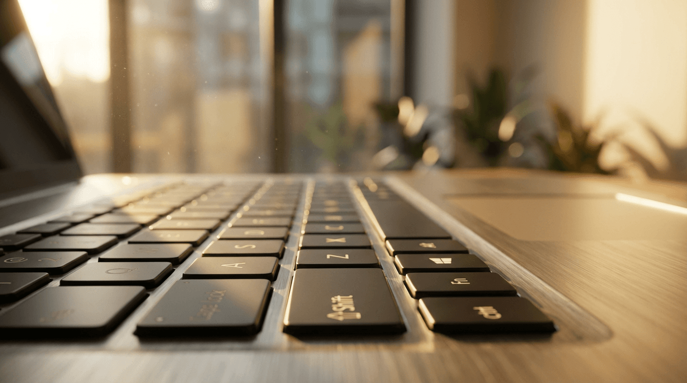 Hands typing on a laptop keyboard in a modern workspace