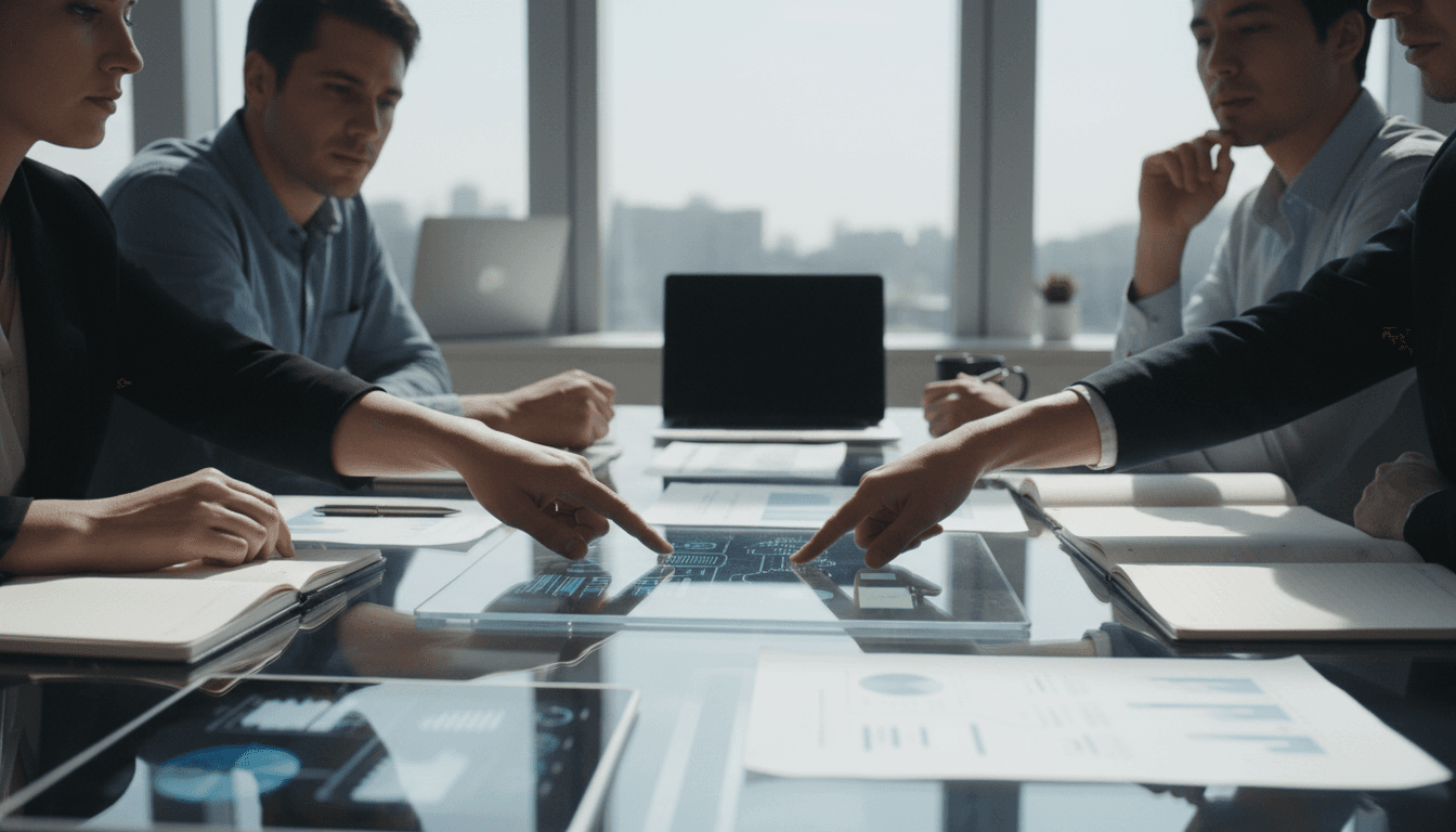 Consultants reviewing AI implementation strategy and process diagrams