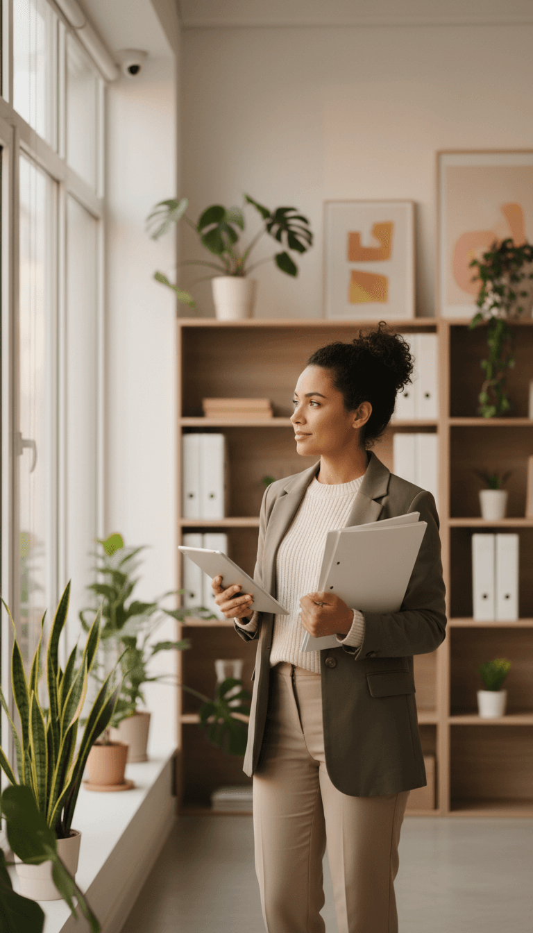 Professional woman in office setting ready to discuss AI solutions