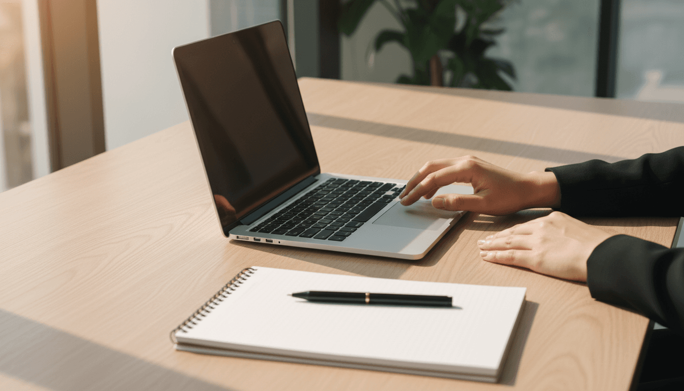 Overhead view of a modern workspace with laptop and hands positioned for focused work