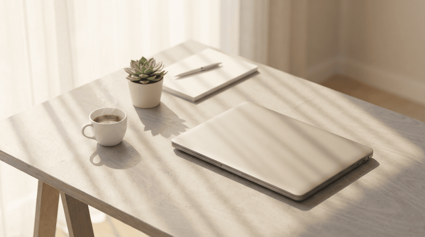 Modern minimalist workspace with laptop and focused setup
